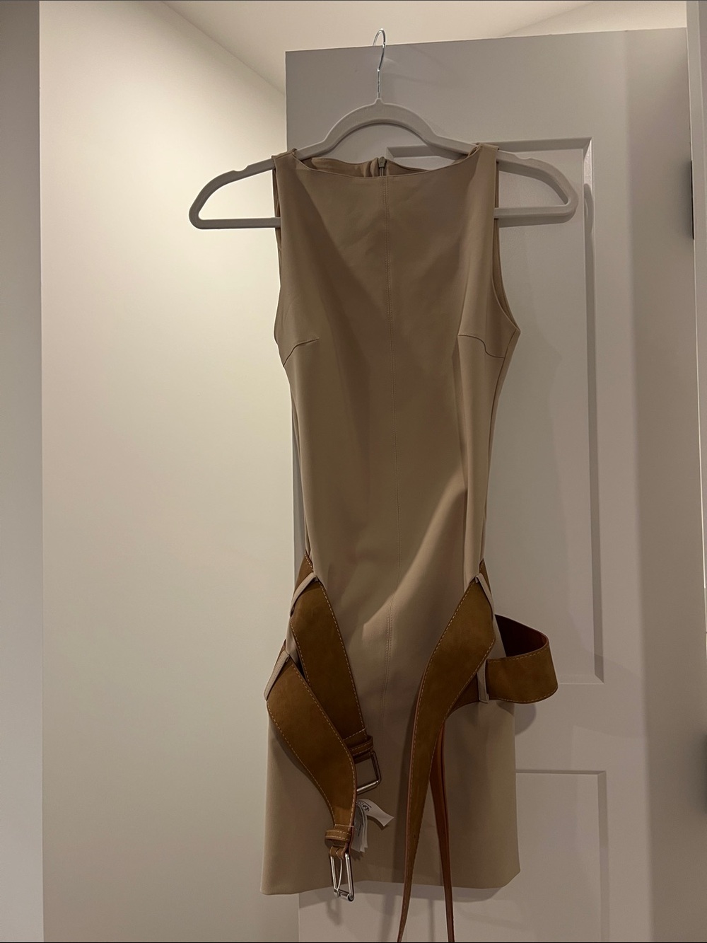 Zara Sleeveless Mini Dress in Beige with Brown Straps